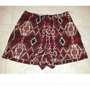 Boho Dark Red Tribal Aztec Print High Waist Shorts